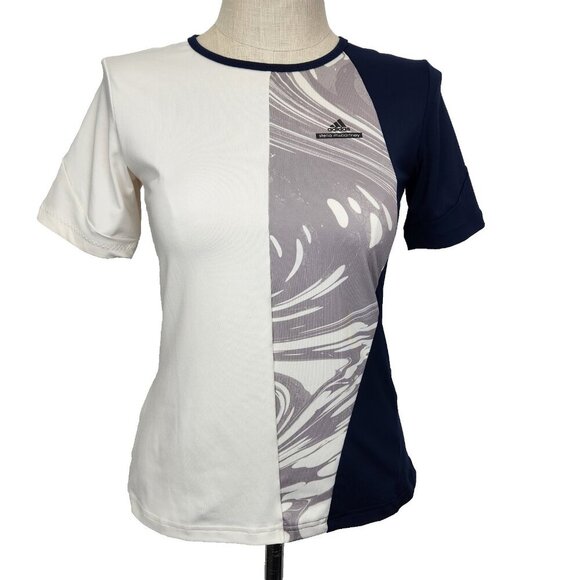 Adidas X Stella McCartney Barricade Tennis Tee Shirt M White Navy Colorblock - Picture 1 of 10